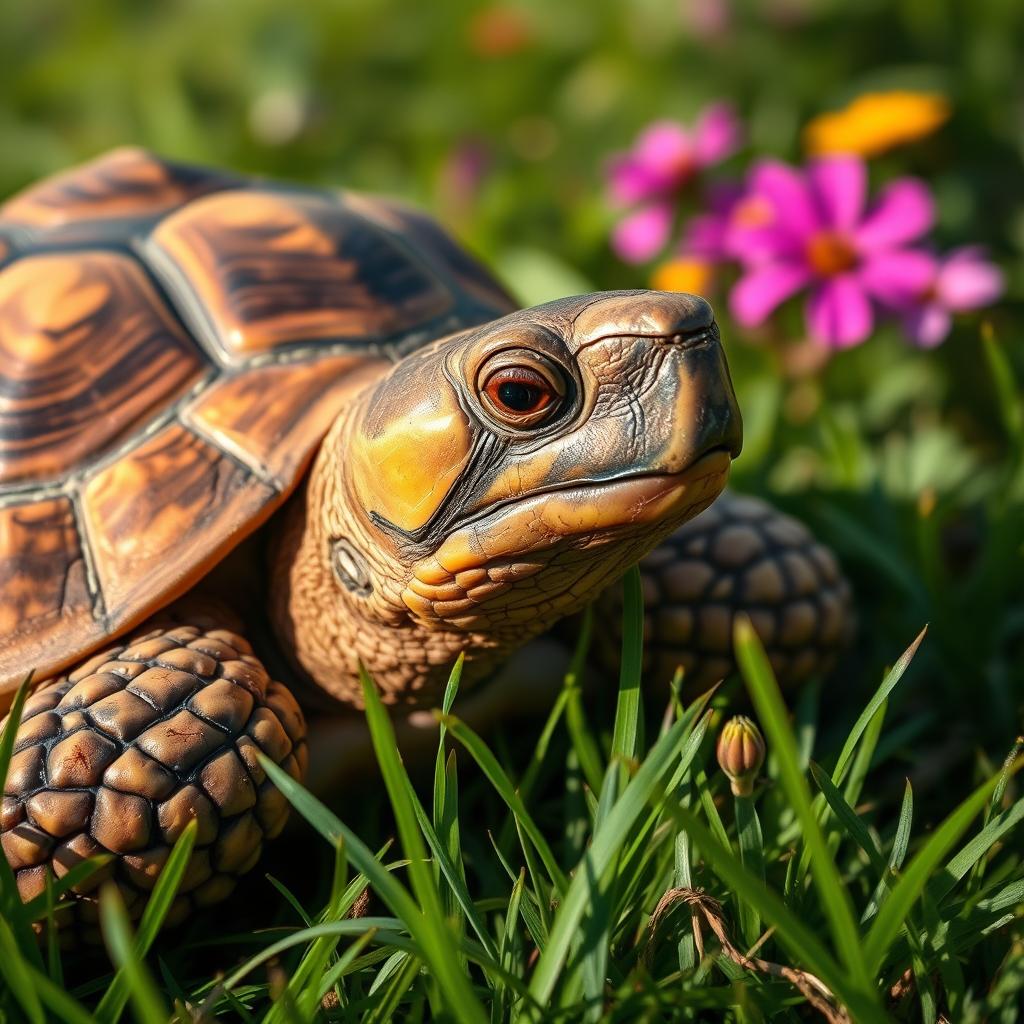 A beautifully detailed close-up of a tortoise resting on a bed of lush green grass under soft sunlight