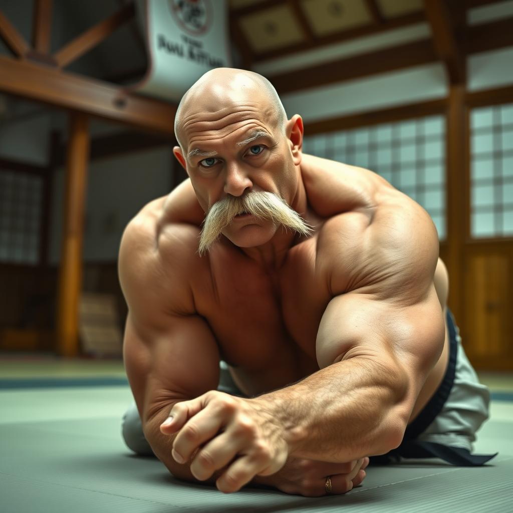 A bald, muscular elderly man with a large mustache practicing Jiu-Jitsu on a mat
