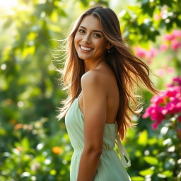 A stunning portrait of a confident woman standing in a lush green outdoor setting, with soft sunlight filtering through the leaves, creating a warm glow