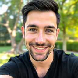 A close-up selfie photo of a 28-year-old man, smiling softly while looking at the camera