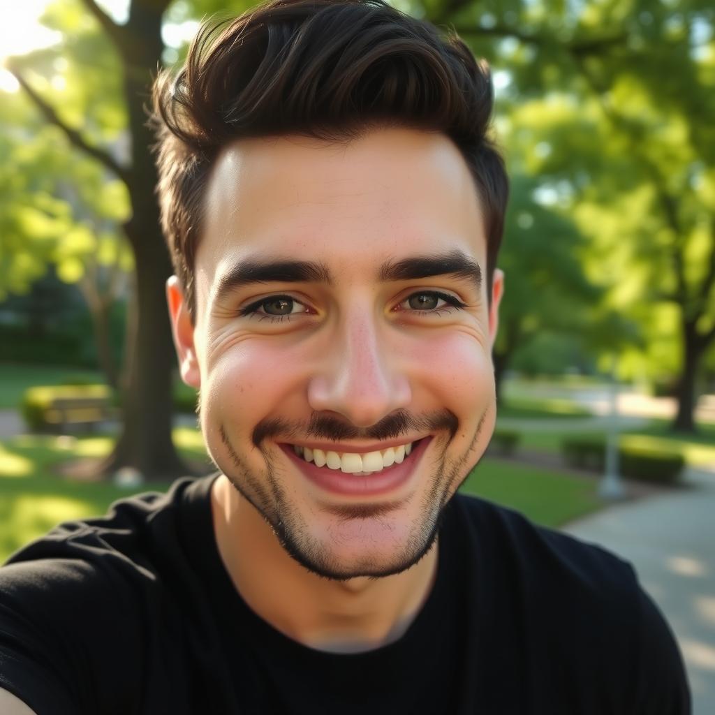 A close-up selfie photo of a 28-year-old man, smiling softly while looking at the camera