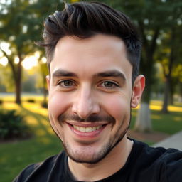 A close-up selfie photo of a 28-year-old man, smiling softly while looking at the camera
