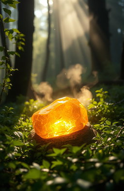 An ethereal scene focused on a glowing amber stone, surrounded by a mystical forest