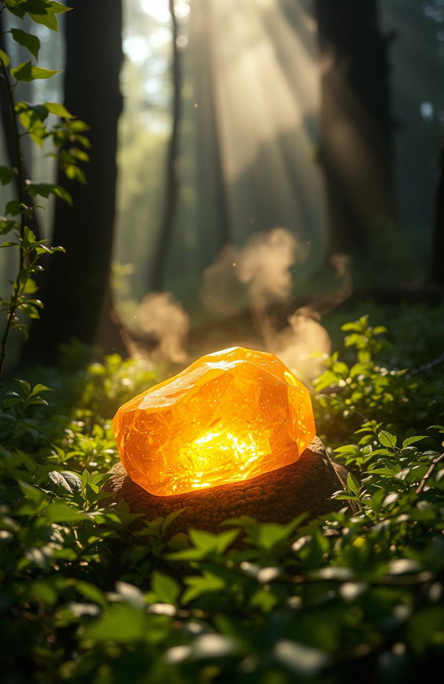 An ethereal scene focused on a glowing amber stone, surrounded by a mystical forest