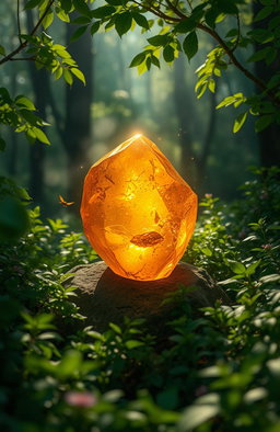 An ethereal scene focused on a glowing amber stone, surrounded by a mystical forest