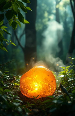 An ethereal scene focused on a glowing amber stone, surrounded by a mystical forest