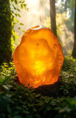An ethereal scene focused on a glowing amber stone, surrounded by a mystical forest