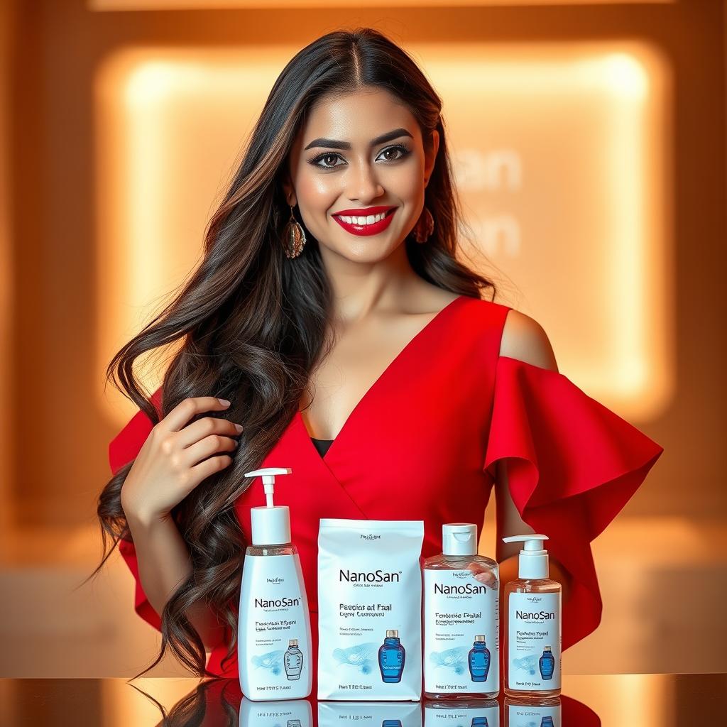 A stylish young woman wearing a stunning red dress, elegantly posing while holding NanoSan products from Iran