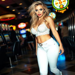A full-length photograph of a sexy, curvy young woman with very thick, long, messy dirty blond hair and striking crystal blue eyes