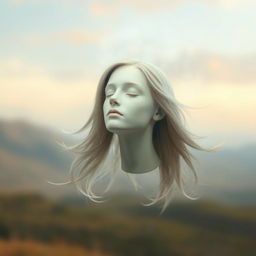 A surreal and dreamlike scene featuring a human head floating gracefully in mid-air, surrounded by a soft, ethereal light