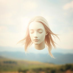 A surreal and dreamlike scene featuring a human head floating gracefully in mid-air, surrounded by a soft, ethereal light