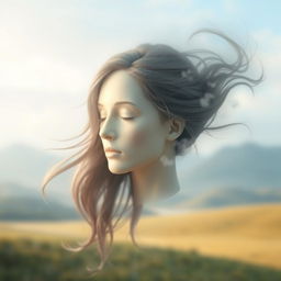 A surreal and dreamlike scene featuring a human head floating gracefully in mid-air, surrounded by a soft, ethereal light