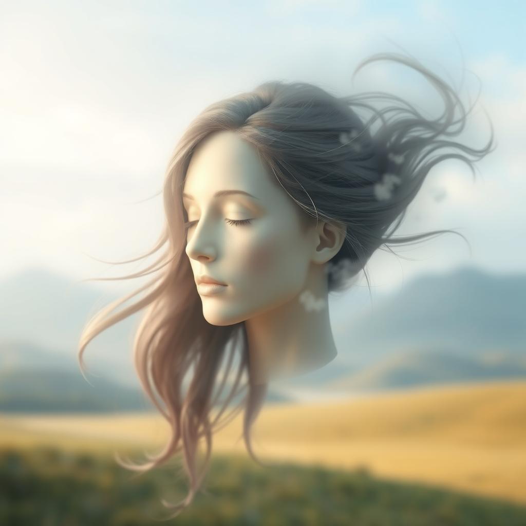 A surreal and dreamlike scene featuring a human head floating gracefully in mid-air, surrounded by a soft, ethereal light