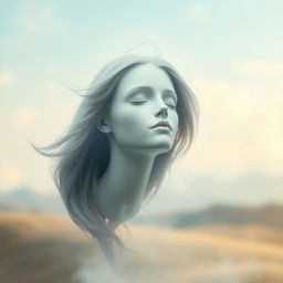 A surreal and dreamlike scene featuring a human head floating gracefully in mid-air, surrounded by a soft, ethereal light