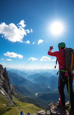 A mountain climber standing triumphantly at the summit of a towering mountain, gazing out over a breathtaking panoramic view of valleys and distant peaks