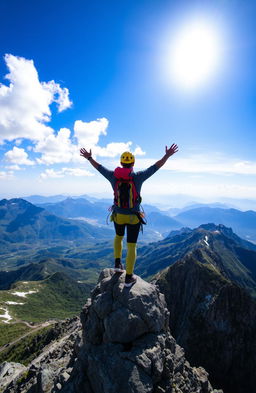 A mountain climber standing triumphantly at the summit of a towering mountain, gazing out over a breathtaking panoramic view of valleys and distant peaks
