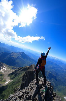 A mountain climber standing triumphantly at the summit of a towering mountain, gazing out over a breathtaking panoramic view of valleys and distant peaks