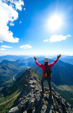 A mountain climber standing triumphantly at the summit of a towering mountain, gazing out over a breathtaking panoramic view of valleys and distant peaks