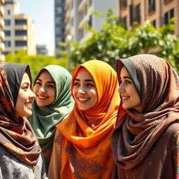 A beautiful portrait of young women wearing colorful hijabs in a vibrant urban setting