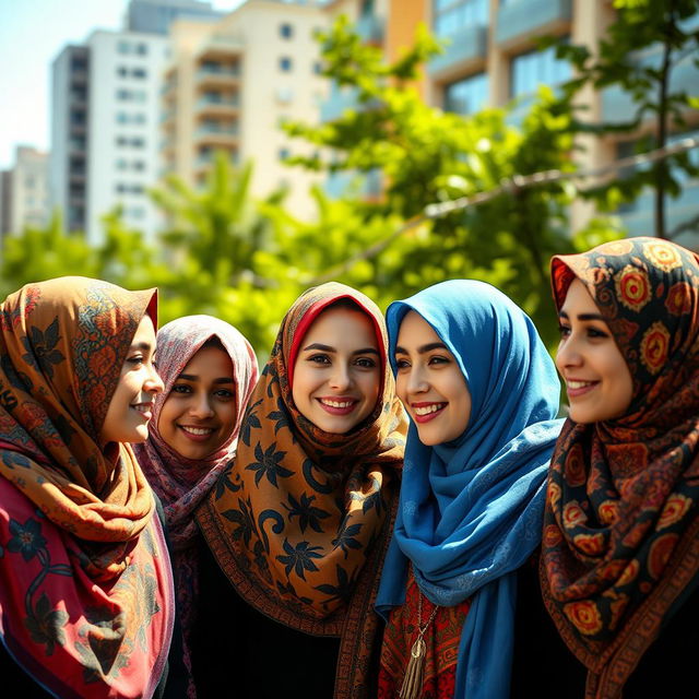 A beautiful portrait of young women wearing colorful hijabs in a vibrant urban setting