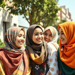 A beautiful portrait of young women wearing colorful hijabs in a vibrant urban setting