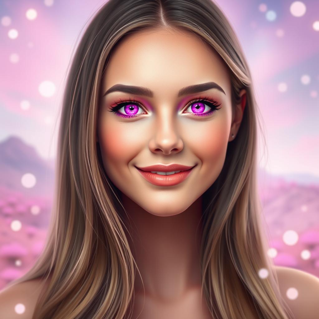 A beautiful woman with stunning features, her eyes glowing in a vibrant magenta color
