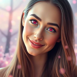 A beautiful woman with stunning features, her eyes glowing in a vibrant magenta color