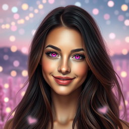 A beautiful woman with stunning features, her eyes glowing in a vibrant magenta color