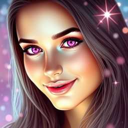 A beautiful woman with stunning features, her eyes glowing in a vibrant magenta color