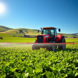 A vibrant and detailed scene showing a tractor spraying pesticides over a lush green agricultural field