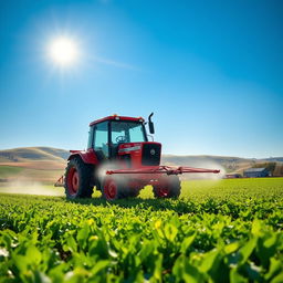 A vibrant and detailed scene showing a tractor spraying pesticides over a lush green agricultural field