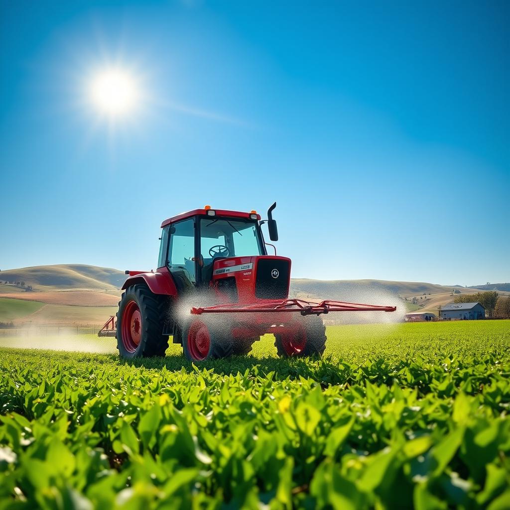 A vibrant and detailed scene showing a tractor spraying pesticides over a lush green agricultural field