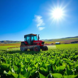 A vibrant and detailed scene showing a tractor spraying pesticides over a lush green agricultural field