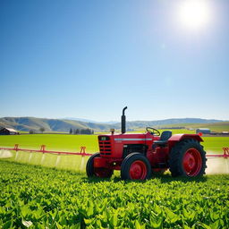 A vibrant and detailed scene showing a tractor spraying pesticides over a lush green agricultural field
