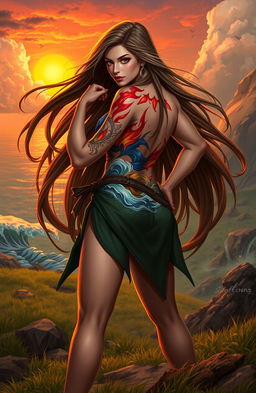A strong female lead in a fantasy setting, showcasing a dynamic pose that exudes confidence and power