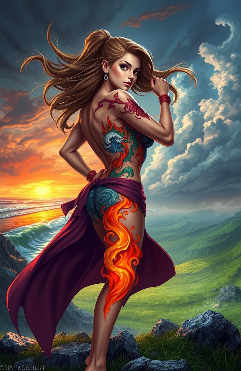 A strong female lead in a fantasy setting, showcasing a dynamic pose that exudes confidence and power