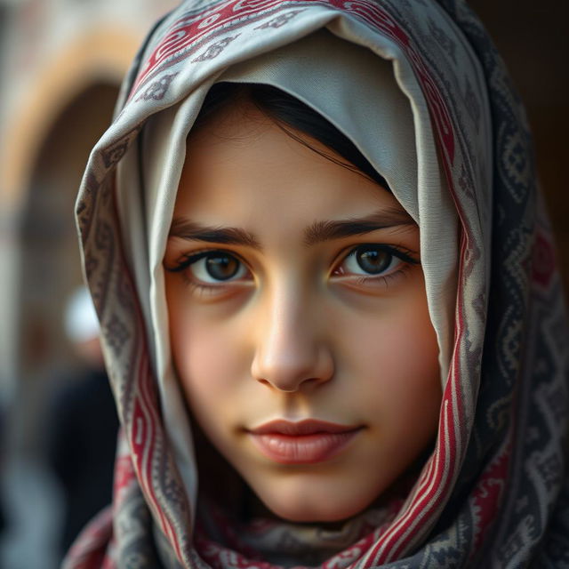 A portrait of an Iranian girl fully wearing a hijab, showcasing cultural symbols of Iran and its rich civilization