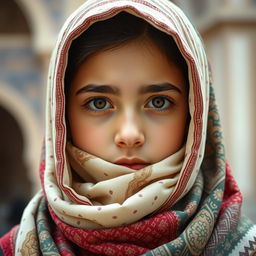 A portrait of an Iranian girl fully wearing a hijab, showcasing cultural symbols of Iran and its rich civilization