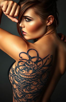 A beautiful woman showcasing a stunning chaos-inspired tattoo on her back, depicted in a half-body photo