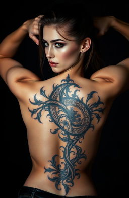 A beautiful woman showcasing a stunning chaos-inspired tattoo on her back, depicted in a half-body photo