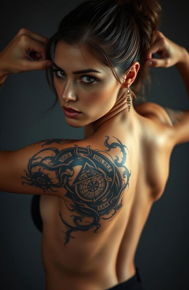 A beautiful woman showcasing a stunning chaos-inspired tattoo on her back, depicted in a half-body photo