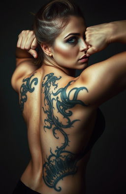 A beautiful woman showcasing a stunning chaos-inspired tattoo on her back, depicted in a half-body photo