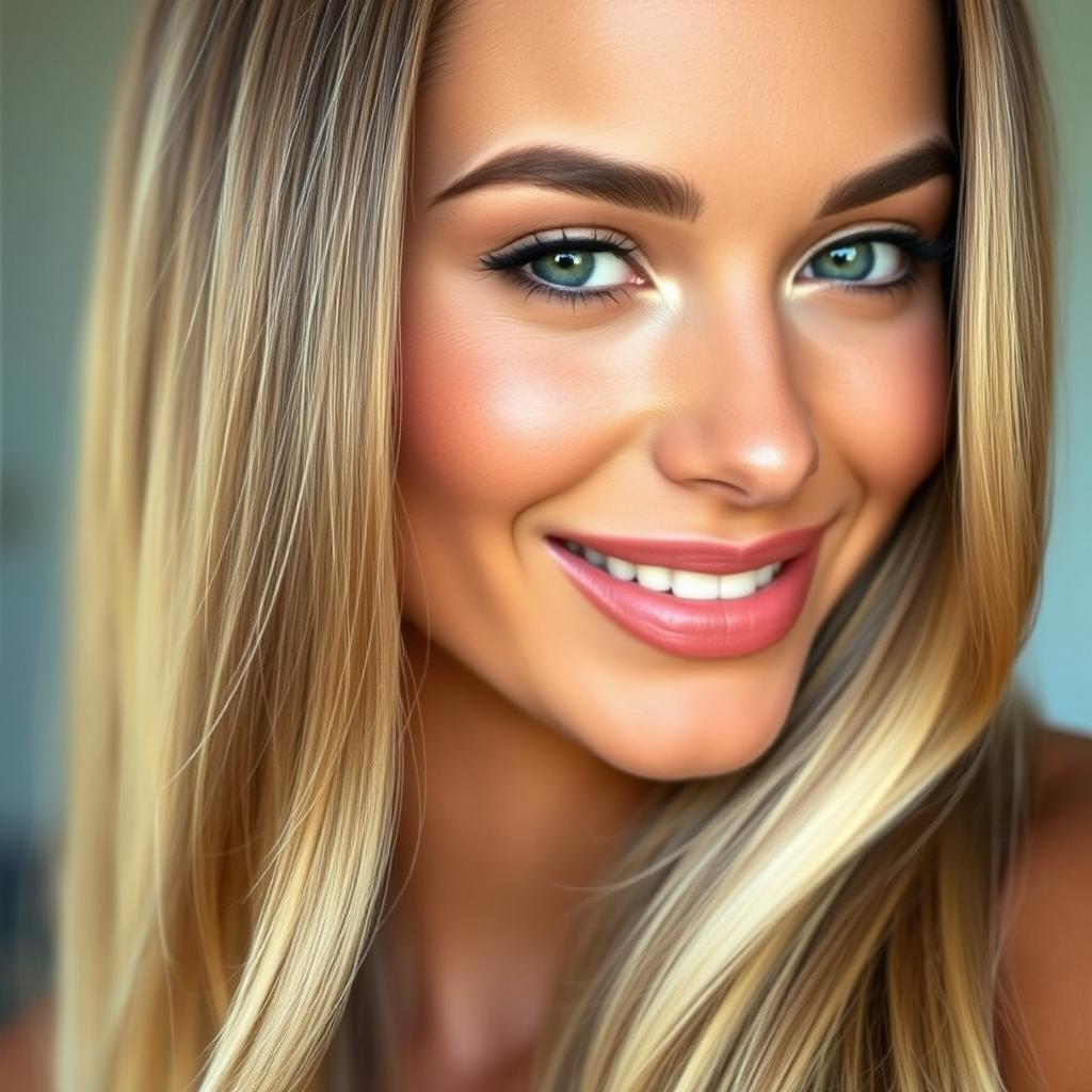 A close-up portrait of a stunningly attractive woman with a captivating smile, silky long hair cascading over her shoulders, expressive eyes sparkling with confidence, flawless skin with a natural glow, and soft makeup accentuating her features