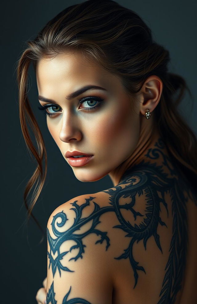 A beautiful soft woman with an intricate chaos-inspired tattoo on her back, depicted in a captivating half-body portrait