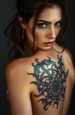 A beautiful soft woman with an intricate chaos-inspired tattoo on her back, depicted in a captivating half-body portrait