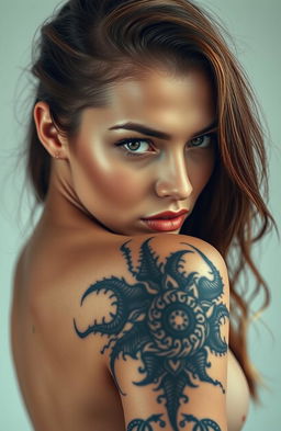 A beautiful soft woman with an intricate chaos-inspired tattoo on her back, depicted in a captivating half-body portrait