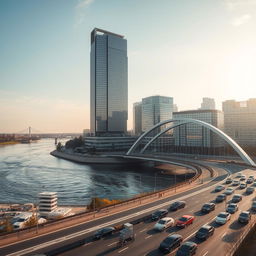 A stunning urban scene in Romania, featuring a sleek, modern skyscraper beside a flowing river