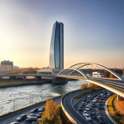A stunning urban scene in Romania, featuring a sleek, modern skyscraper beside a flowing river