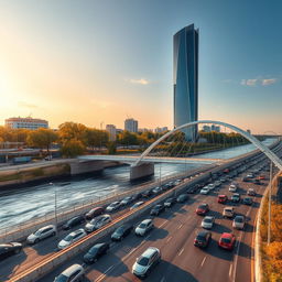 A stunning urban scene in Romania, featuring a sleek, modern skyscraper beside a flowing river