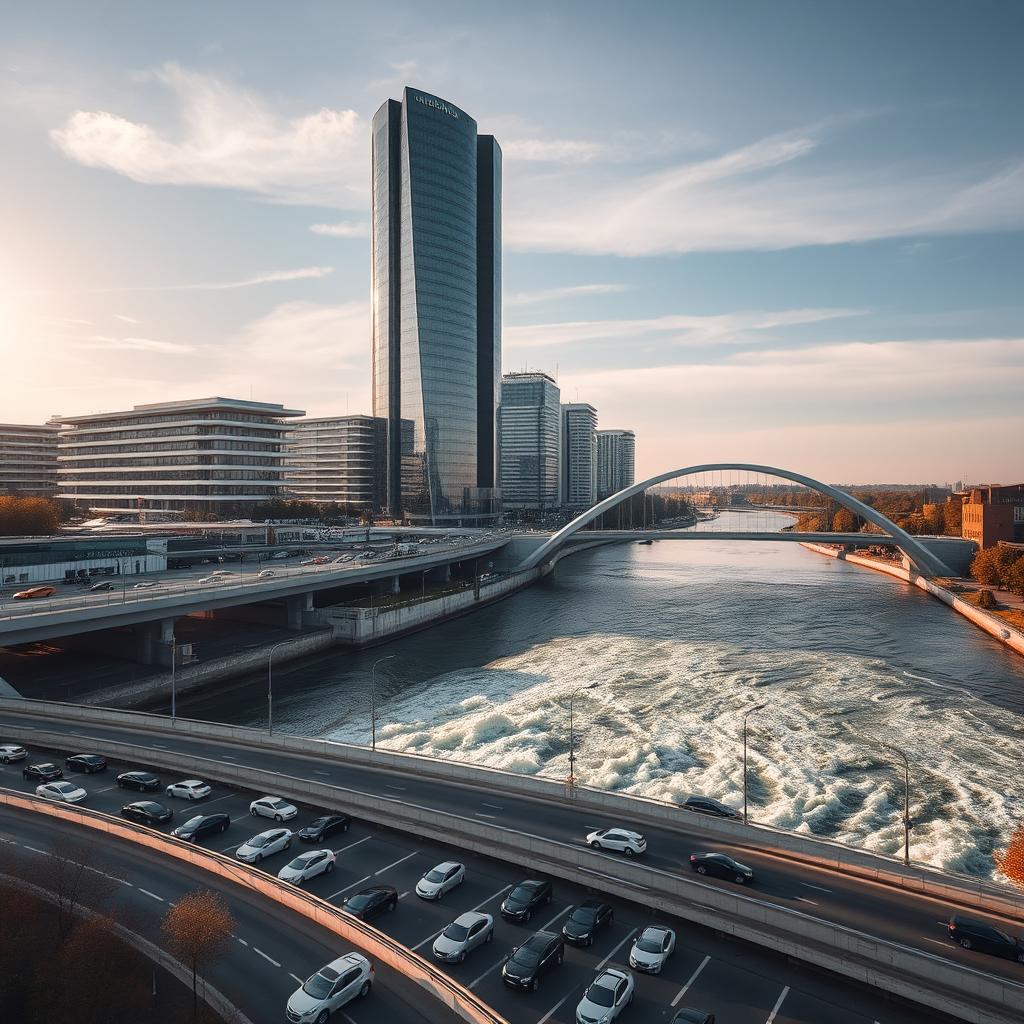 A stunning urban scene in Romania, featuring a sleek, modern skyscraper beside a flowing river